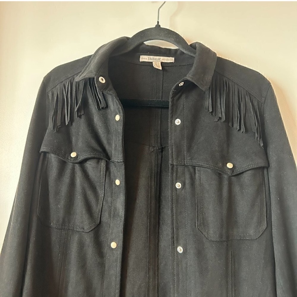 Zara Black Suede Fringe Button Down Jacket Size L - Picture 5 of 6